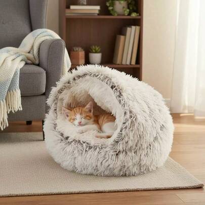 1pc Plush Round Pet Bed, Fluffy Soft Cat Bed, Donut Pet Mat, 2-In-1 Cat Bed For Winter, Warm Sleeping Bag Sofa Pad
