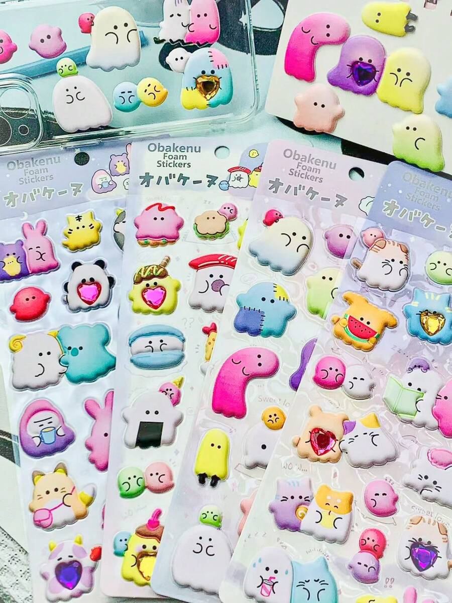 High Quality 3D Cute Stickers, Interesting Shiny Embossed Decor, Random Gemstone Colors, Stereoscopic Interesting Japanese Anime Stickers, Crystal Stickers, Solid Material, Exquisite Stereoscopic Shape, Self-Adhesive Waterproof Non-Stick Decorative Stickers - Multicolor - View 1