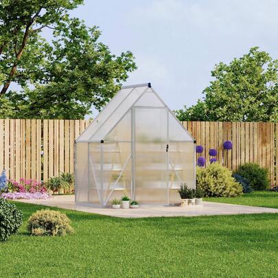 Invernadero de policarbonato de 1,8 x 1,2 m con protección UV para exteriores, con estructura de aluminio reforzado. Pequeño invernadero de jardín resistente, con ventilación en el techo y puertas dobles para el patio.
