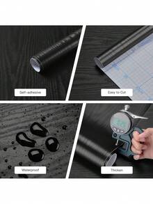 1 Roll Black Wood Grain Self-Adhesive Wallpaper, Waterproof Black Wallpaper For Instant Application On Desktops, Chairs, Drawers, Rooms, Cabinets, Etc. - Black - View 10