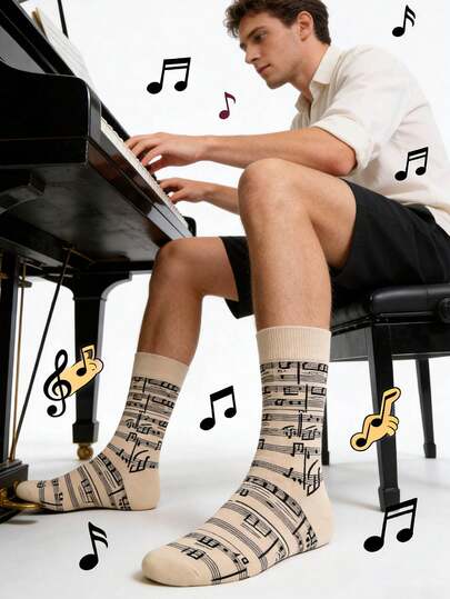 1双男女通用卡通音符图案袜子，四季皆宜，春夏皆宜，情侣款，多功能户外运动中筒袜，新奇袜子