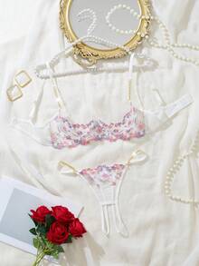 一套女士性感内衣，花卉薄纱刺绣蕾丝边饰金色链条，1/4罩杯开衩镂空设计可调节文胸和内裤，2件套 - 彩色 - 查看 11