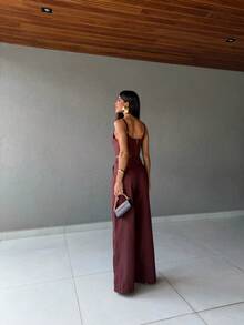 Women's Set: Cropped Blouse + Wide-Leg Pants. Árboa Elegance. - Chocolate Brown - View 3