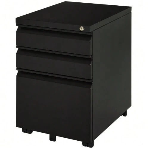 Mobile 3-Drawer Office Pedestal With Casters, Concave Handle, In Black Steel, For Office And Home Office - Black - View 1