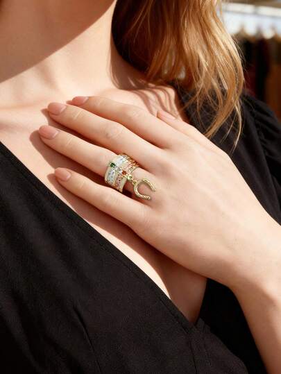 1pc Tri-Color 7-Circle Horseshoe Pendant Ring For Unisex Light Luxury Diamond-Encrusted Niche High-End Versatile