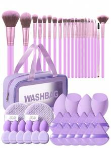 51pcs/4pcs/1pc Full Makeup Brush Set Includes 20 Soft Makeup Brushes-Such As Powder Brush, Blush Brush, Contour Brush, Highlight Brush, Foundation Brush, Nose Shadow Brush, Eyeshadow Brush, Eyebrow Brush, Lip Brush, And Detail Brush-Plus 1 Travel Waterproof Makeup Bag, 12 Triangular Powder Puffs, 4 Liquid Beauty Eggs, 6 Finger Powder Puffs, 6 Mini Beauty Eggs, And 2 Facial Cleansing Puffs-Ideal For Beginners, Professional Makeup Artists, And Novice Beauty Practitioners - Purple - View 1