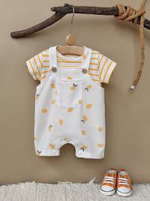 2pcs/Set Newborn Baby Boys/Girls Casual Cute Lemon Print Plaid Romper & Striped T-Shirt Set, Spring/Summer - Yellow - View 3