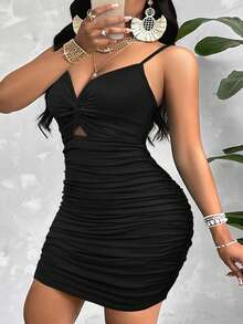 BIUBIU 加大码女士黑色迷你裙，前开衩扭结褶裥设计，适合夏季派对、婚礼等正式场合。 - 克色 - 查看 5