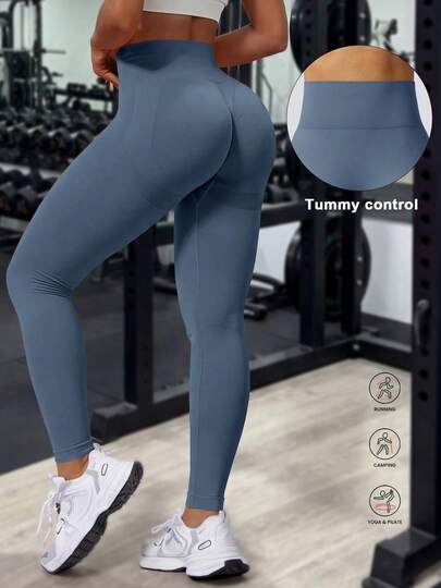 Pantalones ajustados de mujer de unicolor con cintura fruncida, leggings elásticos acanalados para caderas en color melocotón