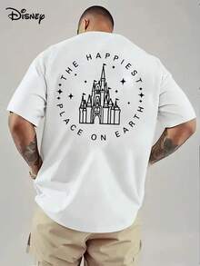 Disney Authorized Men's "Disneyland" Castle Slogan T-Shirt, Disney Castle Line Draft With "The Happy Pla On Earth" Slogan+Star Elements Appeared, Cotton Fabric Washable And Easy To Take Care Of, Suitable For Paradise Trips, Leisure Trips, Daily Commuting And Other Scenes, The Theme Atmosphere Of The Park Is Full. - White - View 2