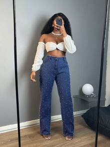 Women's Pearl Jeans, Distressed Denim Pants, High Waisted Straight Leg Pants - Dark Wash - View 6