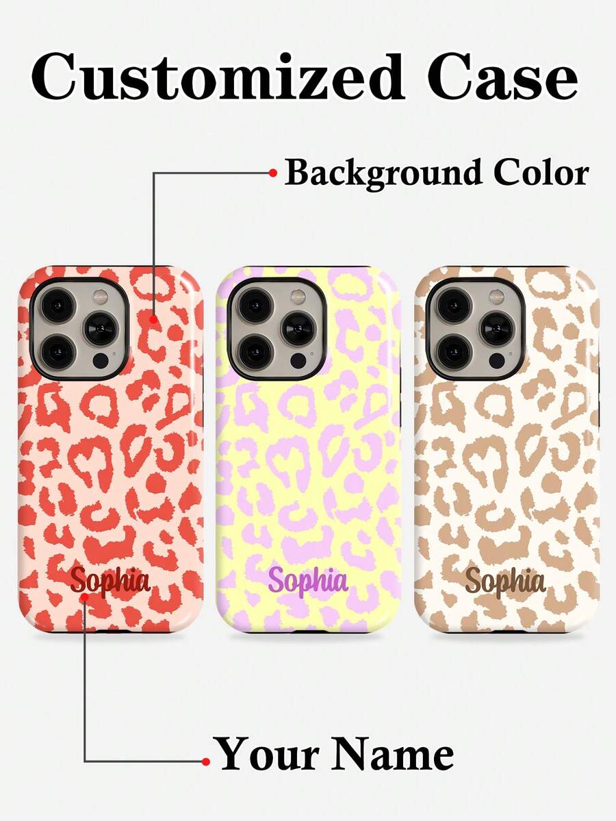 极简豹纹定制字母标语二合一亮面硬壳手机壳，兼容 11/12/13/14/15/16/17 Pro Max，少女心春季礼物 - 彩色 - 查看 1