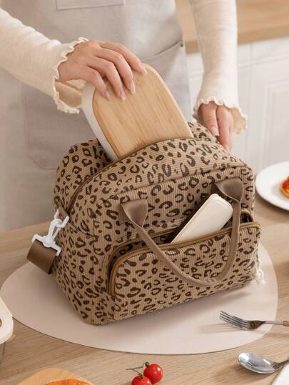 レオパード柄 断熱ランチバッグ レディース、大容量 再利用可能 ランチトート ショルダーストラップ付き、可愛いチェリーコーデュロイ ランチボックス クーラー 仕事、オフィス、学校、旅行、ピクニックに、スタイリッシュ サーマル フードストレージバッグ マルチファンクション ピクニックバッグ 学校用品 学校アクセサリー 入学準備用品
