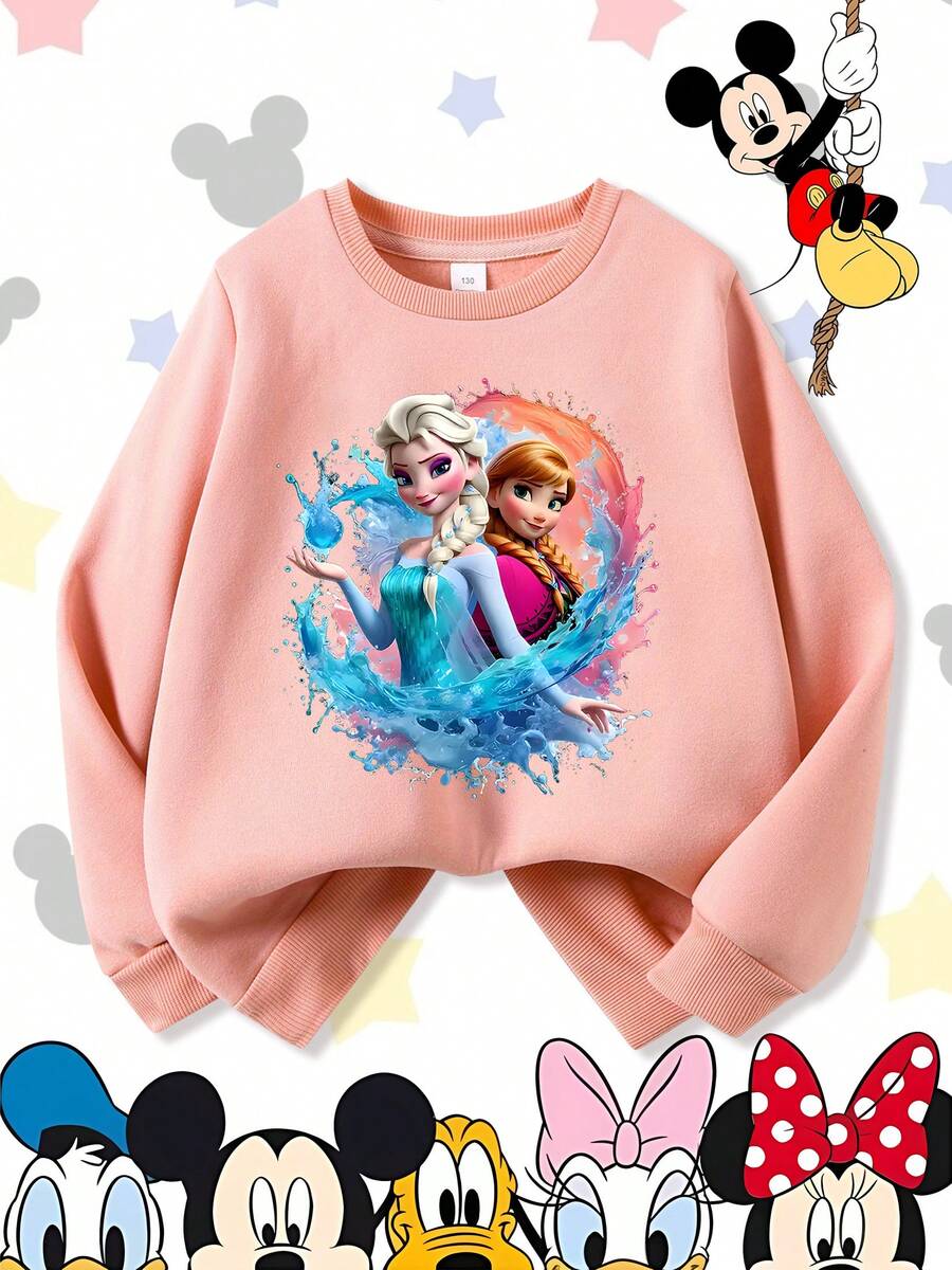 Disney Frozen Elsa & Anna Sisters Ice Magic Water Splash Comfortable Print Young Girls' Long Sleeve Sweatshirt, Suitable For Autumn/Winter, Lightweight And Cozy, Great For Layering In Fall, Fashionable Casual Wear, Graphic Design, Back To School Season, Autumn, Back To School Party, Suitable For Outdoor Picnic, Street Photography, Home, Campus, Holidays, New Year Gift - 粉色 - 查看 1