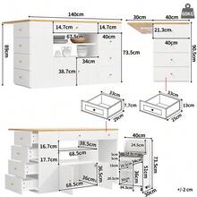 Kitchen Island, Sideboard With Bar Stools, 6-Drawer Kitchen Unit With Stools, Adjustable Width 140 X 40 (70) X 89 Cm, White/Black - White - View 10