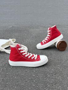 黑色帆布鞋，女鞋，运动鞋，男鞋，帆布鞋，春秋季款，韩版，简约时尚休闲系带运动鞋，经典高帮帆布鞋，百搭休闲滑板鞋 - 紅色 - 查看 3