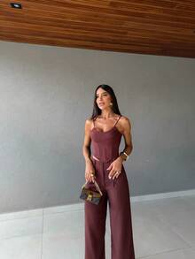 Women's Set: Cropped Blouse + Wide-Leg Pants. Árboa Elegance. - Chocolate Brown - View 4