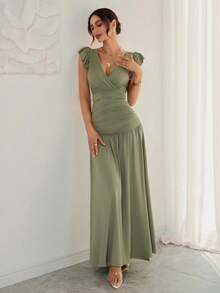 女士春夏浪漫优雅纯色长裙 - 简约优雅的女士风格，适合女士晚间约会和出席正式晚宴的长裙 - 豆綠色 - 查看 2