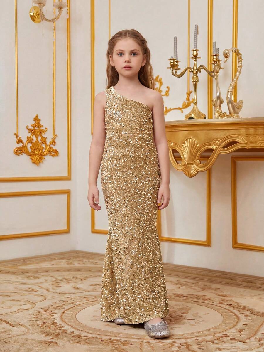 Vestido de fiesta de lentejuelas con un hombro y espalda abierta para niña preadolescente de estilo sirena - Champán - Ver 1