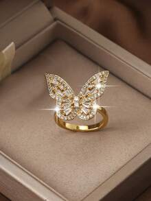 1 Peça Anel Único com Formato de Borboleta Incrustado com Zircônia Cúbica para Adolescentes, Presente de Aniversário e Festival, Decoração Diária, Joias de Cobre - Borboleta - Visão 6