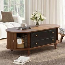 Living Room Coffee Table, 100 X 50 X 36 Cm, Walnut Finish. Coffee Table With Two Drawers, Sofa Table With Roll-Up Door, Side Table, Living Room Table With 4 Legs, Walnut And Black Finish. - Natural Walnut Wood Color - View 6