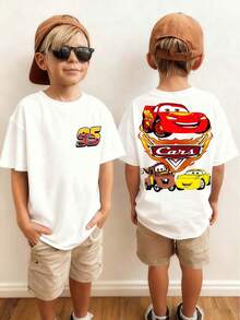 Disney Black Background Cars Lightning McQueen And Friends Flame Print Front And Back Design Kids' Short Sleeve T-Shirt - Playful And Cool Racing Style Top - 白色 - 查看 1