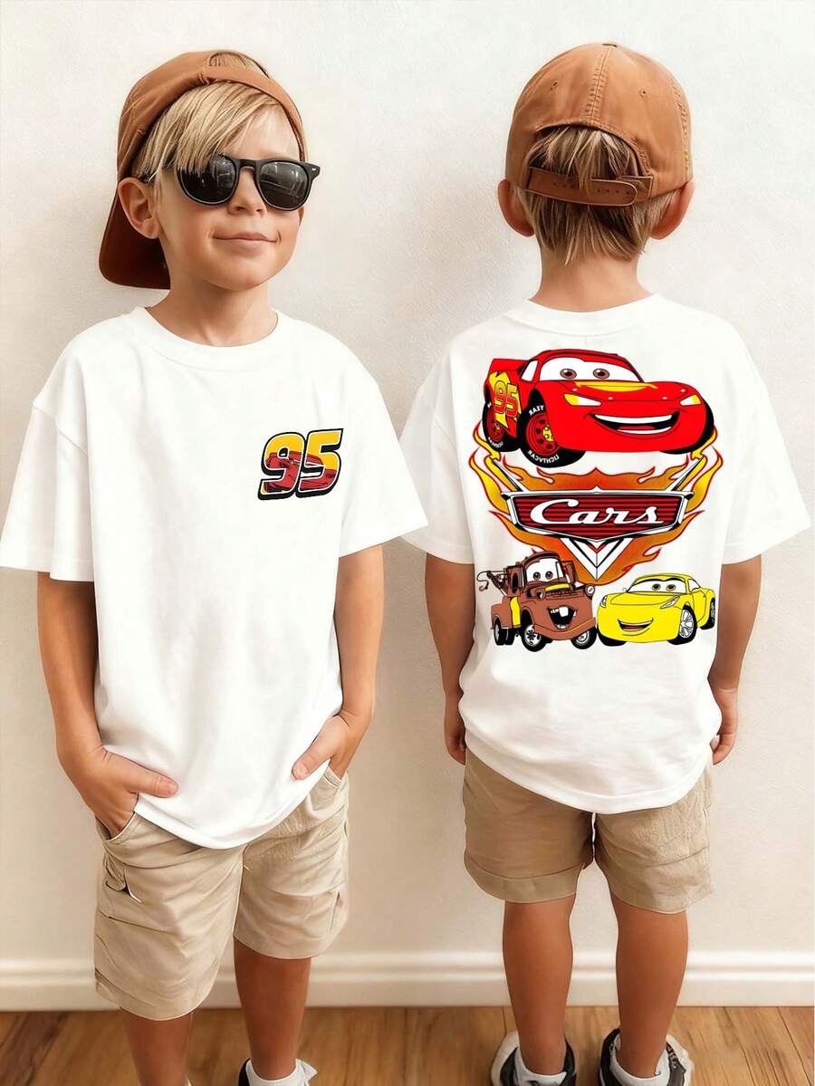 Disney Black Background Cars Lightning McQueen And Friends Flame Print Front And Back Design Kids' Short Sleeve T-Shirt - Playful And Cool Racing Style Top - 白色 - 查看 1