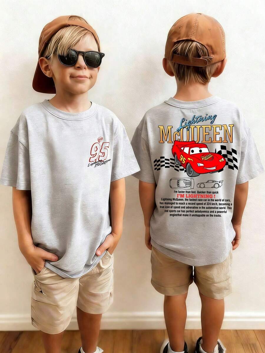 Disney Cars Lightning McQueen Kids' Tee, Double-Sided Print Cool Kids' Wear - 淺灰色 - 查看 1