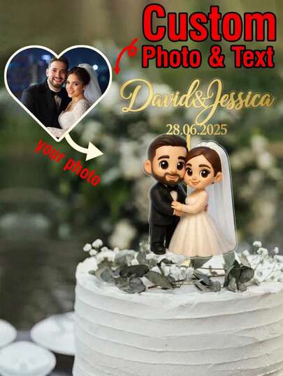 Decorazione personalizzabile per torta nuziale in acrilico trasparente a tema cartoni animati, possibilità di personalizzare con nome e data, decorazione per torta nuziale a tema cartoni animati, decorazione per torta a tema anime, decorazione personalizzata per torta in acrilico, deliziosa decorazione per torta nuziale con sposa e sposo in miniatura, accessorio per festa di matrimonio, fidanzamento e addio al nubilato