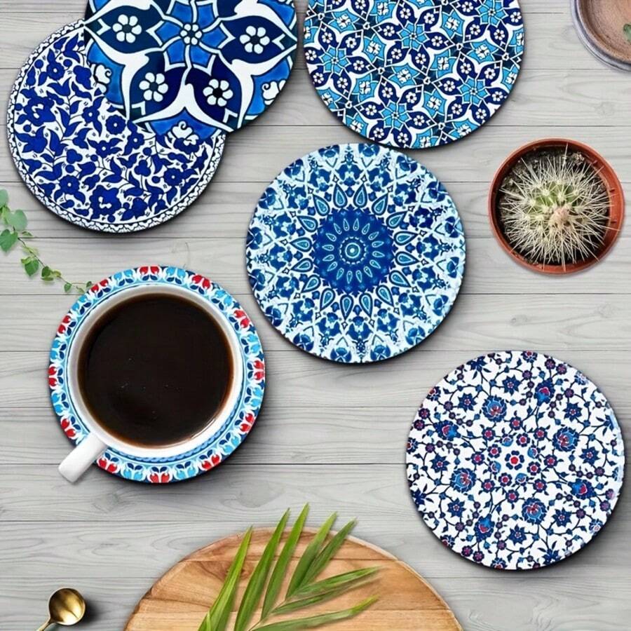 8件套独特杯垫套装，波斯土耳其摩洛哥曼陀罗图案印花木质杯垫，可用作汽车杯垫、茶杯垫、咖啡杯垫，适合家居、乔迁之喜、赠送父母和朋友、家居装饰、桌面装饰，可选1套、2套或3套。 - 彩色 - 查看 1