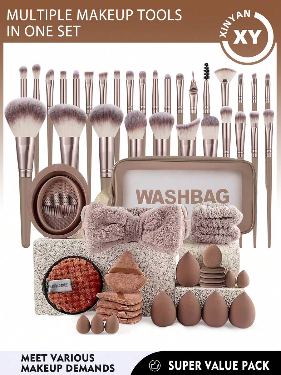 56pcs Combination Set Of Makeup Brushes Eyeshadow Brush & Eyebrow Brush & Foundation Brush & Powder Makeup Brush & Blush Brush & Concealer Brush & Highlighter Brush Ultra-Soft Premium Synthetic Hair For Daily Makeup On Face,Giveaways,Professional Makeup Brushes,Complete Makeup Set - Coffee Brown - View 1
