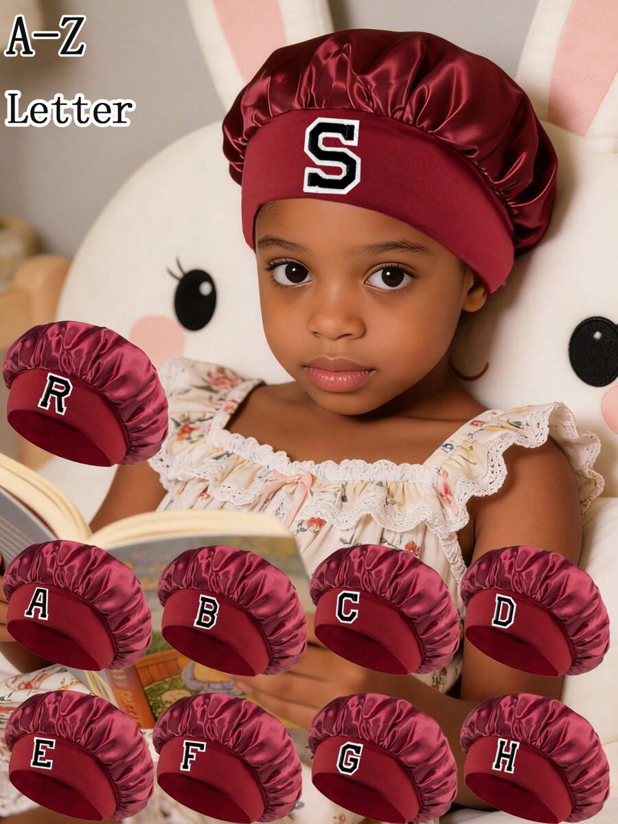 1 Pc A-Z Letter Hats Kids' Bonnet Hat Set Elastic & Printed & Comfortable Headwear Sleeping Cap And Hairband - Burgundy - View 1