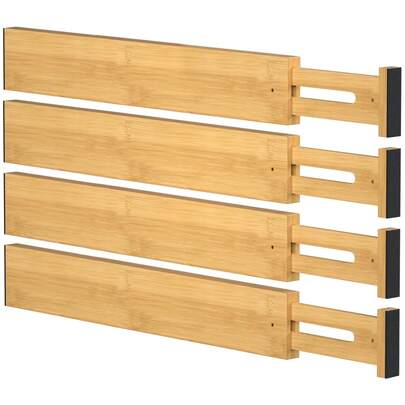 FUSHITON 4 PCS Bamboo Drawer Sorting Dividers, Adjustable Kitchen Drawer Storage Rack, Expandable Drawer Partition, Suitable For Bedroom, Bathroom, Dressing Table And Office