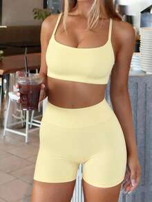 GAOVOT 女士极简瑜伽运动健身性感吊带背心和高腰短裤两件套，夏季 - 淡黃色 - 查看 9