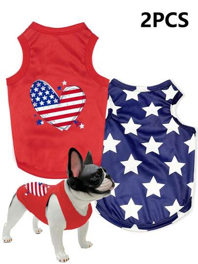 LUCKIE PAL 两件套星形和心形印花背心套装，适合吉娃娃和其他小型犬，透气内衬，时尚宠物服装，适合猫狗穿着，适合室内外使用。