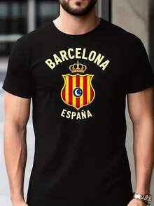 Camiseta gráfica de España para hombres - Impresión de corona española con símbolos catalanes, camiseta casual de verano transpirable, diseño de bandera catalana duradero (para deportes y atuendo casual) - Esencial de atuendo español novedoso - Negro - Ver 2