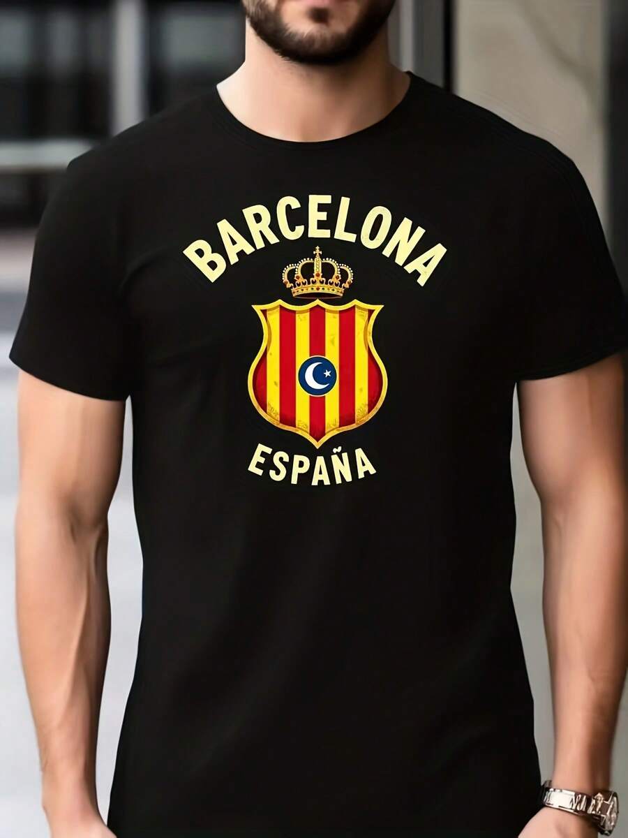 Camiseta gráfica de España para hombres - Impresión de corona española con símbolos catalanes, camiseta casual de verano transpirable, diseño de bandera catalana duradero (para deportes y atuendo casual) - Esencial de atuendo español novedoso