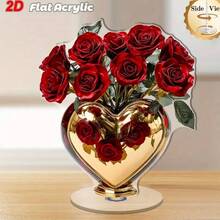 2D亚克力旋转桌面展示架 - 红色心形花瓶，配白色百合和红色郁金香，亮黑色底座，无需电源，优雅设计，适用于情人节、周年纪念日、婚礼、家居和办公装饰，表面抛光，完美礼物，2D平面 - 彩色 - 查看 13