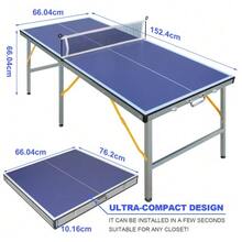 Table de ping-pong pliable avec filet et raquettes, idéale pour une utilisation intérieure et extérieure, surface de jeu bleue, comprend 2 raquettes et 3 balles, structure stable à 6 pieds, convient aux enfants et aux adultes. - Bleu azur - Voir 2