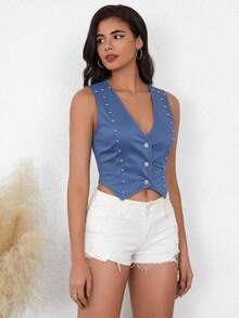 Women's Beaded Tank Top Knit Fabric Rivet Embellished Denim Effect Casual Tank Top, Suitable For Dates, Home, Daily Wear In Spring & Summer - Royal Blue - View 1