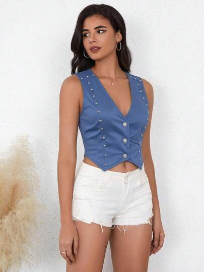 Áo tank top nữ đính cườm, chất liệu vải dệt kim, điểm xuyết đinh tán, kiểu dáng denim, thích hợp cho hẹn hò, ở nhà và mặc hàng ngày vào mùa xuân và mùa hè.