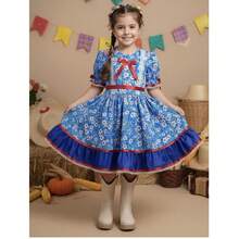 Children's Junina Arraiá Dress, Blue With Colorful Flowers - Nhiều màu - Xem 1