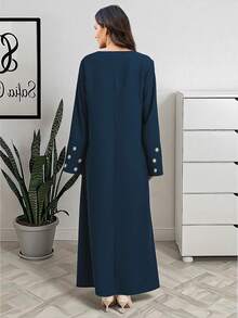 1 chiếc váy Abaya Ramadan dành cho nữ - Váy dài màu xanh hải quân với họa tiết thêu hoa trắng trên tay áo, cổ tròn, tay dài, được làm từ vải dệt mềm mại, trang phục Hồi giáo thanh lịch phù hợp cho các lễ hội Eid và các buổi tụ họp mùa xuân. - Màu xanh hải quân - Xem 3