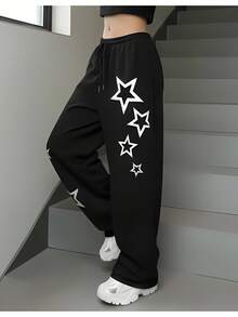 Unisex Wide Leg Sweatpants, Streetwear Style, Loose Fit, Flannel Lined, With Star Print, Stylish - 黑色 - 查看 2