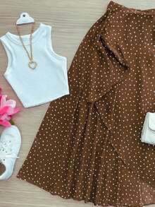 Women's Casual Brown Maxi Skirt With Polka Dot Print, Ruffles And Knot Detail, Made From Medium-Stretch Fabric. - Brown Polka Dot - View 3