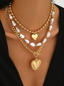 Set de 3 piezas de collar con colgante de corona y corazón, perlas barrocas y cuentas, elegante y lujoso, adecuado para uso diario y fiestas, hecho a mano con longitud ajustable, puede ser un regalo ideal para el Día de la Madre - Dorado - Ver 1