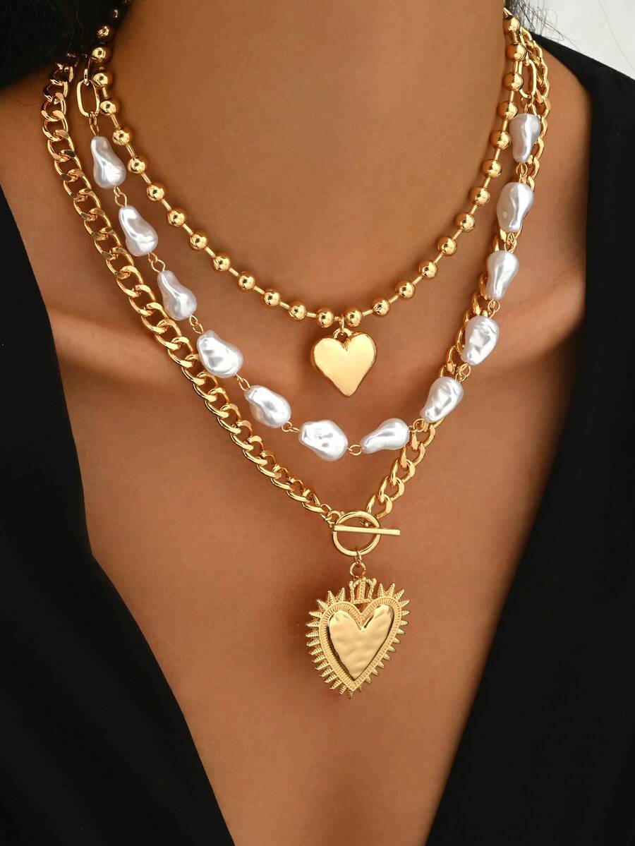 Set de 3 piezas de collar con colgante de corona y corazón, perlas barrocas y cuentas, elegante y lujoso, adecuado para uso diario y fiestas, hecho a mano con longitud ajustable, puede ser un regalo ideal para el Día de la Madre - Dorado - Ver 1