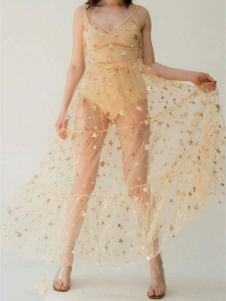 sheer mesh star dress Women's Sheer Mesh Star Print Maxi Dress Sleeveless Spaghetti Strap See  Through Tulle Cover Up Long Gown Beachwear