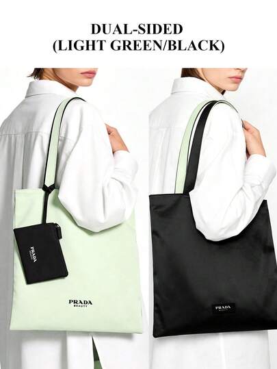 Prada Minimalist Commuter Style Light Green And Black Square Tote Bag, Y2K Fashion, With Convenient And Durable Storage Pouch, Large Capacity Shoulder Bag Suitable For Daily Commute, School, Short-Distance Travel And Girlfriend Dates