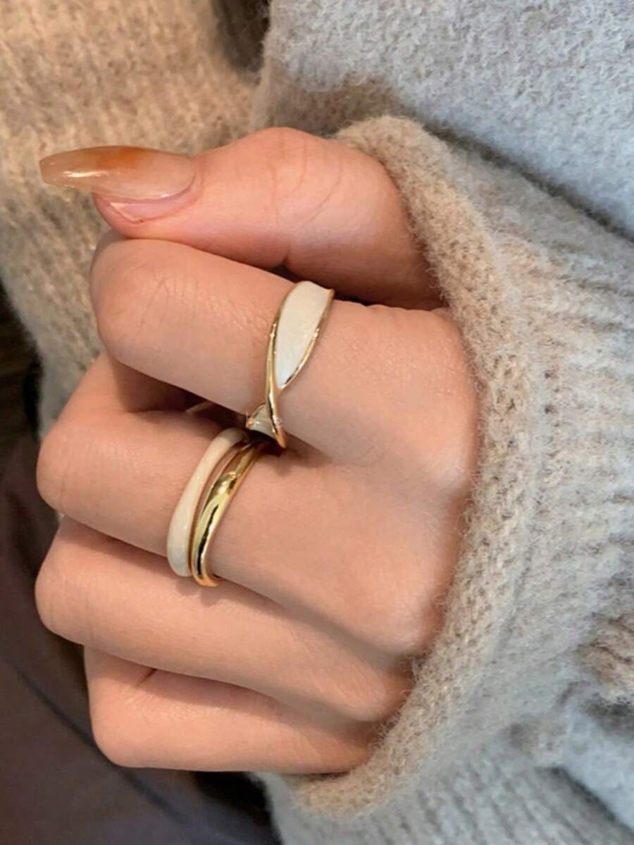 2枚不对称金色交叉双层釉面戒指，小众设计开口戒指 - 金色 - 查看 1